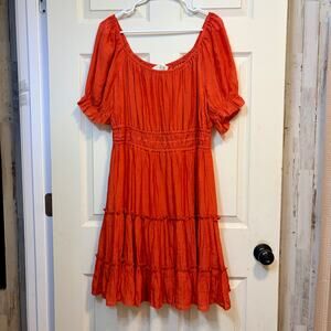 Just Found Orange Boho Mini Dress Smocked Puff Sleeve Tiered XL